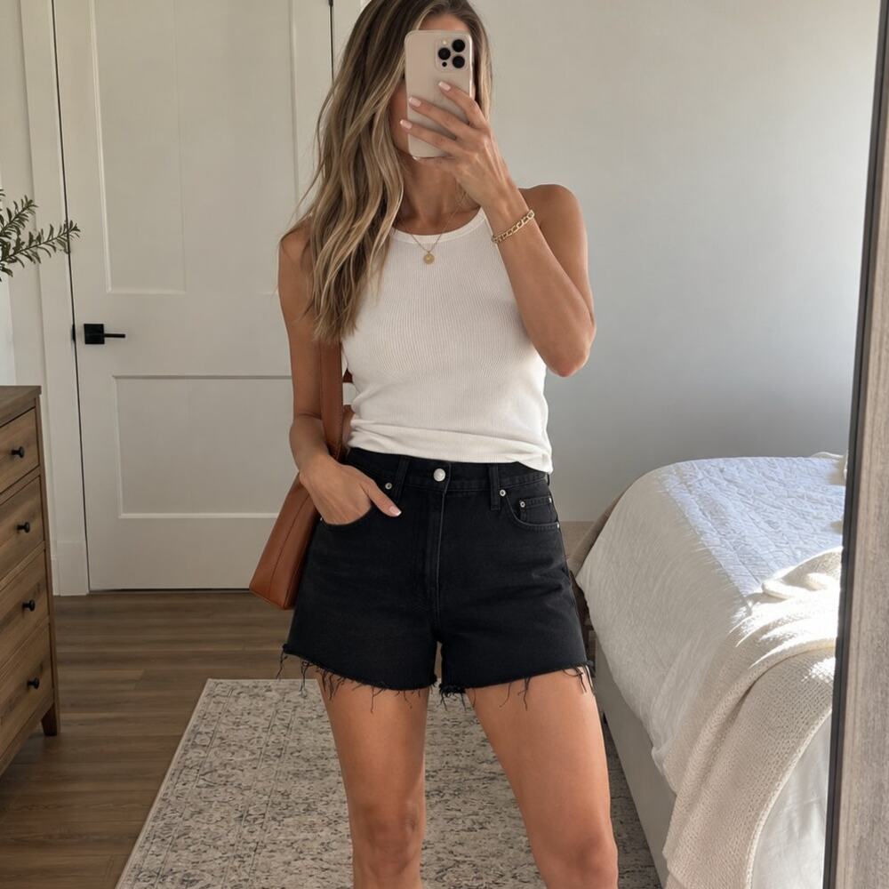 FRAME Denim Black Grayridge Le Simone Fringe Raw Hem Jean Shorts Size 27